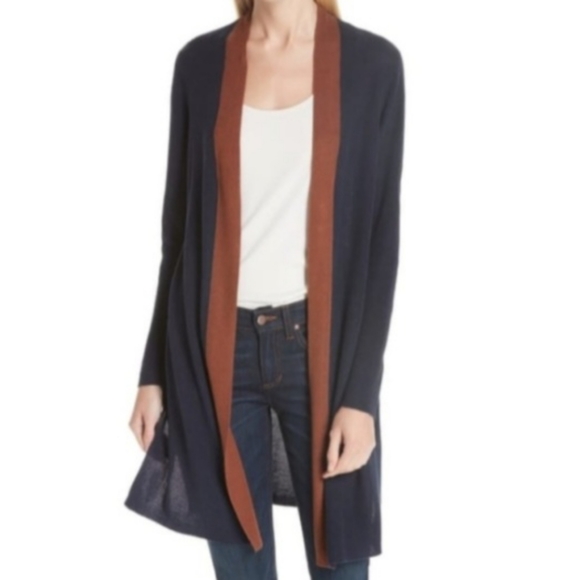 Eileen Fisher Slit Side Tencel/Silk-Blend Long Cardigan - Navy Blue/Brown - Picture 7 of 16